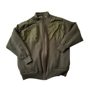Orvis 100% Wool shooting jacket Men's XL; Khaki Green, Full zip; leather pull
